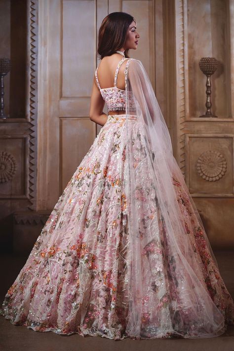 Buy Pink Net Hand Embroidered Floral Patterns V Neck Lehenga Set For Women by Label Priyanka Kar Online at Aza Fashions. Flared Lehenga, Simple Lehenga, Trendy Outfits Indian, Wedding Lehenga Designs, Lehenga Designs Simple, Indian Bride Outfits, Traditional Indian Dress, Indian Dresses Traditional, Modest Dresses Casual