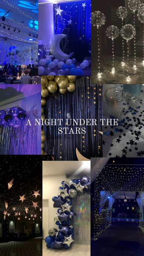 Stars prom theme Night under the Stars Formal Party Themes, Prom Themes Starry Night, Under The Stars Quinceanera Theme, Under The Stars Party, Under The Stars Decorations, Under The Stars Theme, Prom Committee, Starry Night Prom, Debut Theme