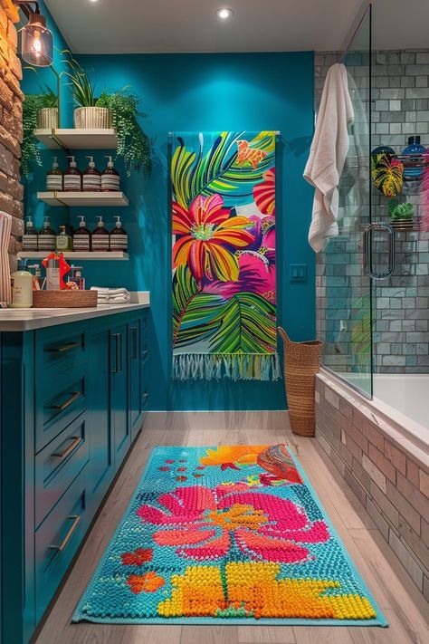 Vibrant Decor Interiors, Boho Colorful Bathroom, Bright Colorful Bathroom Ideas, Colorful Home Aesthetic, Bright Color Interior Design, Turquoise Bathroom Ideas, Magenta Bathroom, Bright Bathroom Ideas, Colorful Coastal Decor