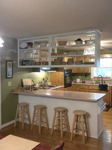 Kitchens Without Upper Cabinets, Hanging Kitchen Cabinets, Breakfast Counter, Top Kitchen Cabinets, Kitchen Cabinets Pictures, Kitchen Furniture Storage, Upper Kitchen Cabinets, Kitchen Interior Design Decor, Kitchen Cabinet Colors