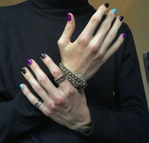 Karlee Aesthetic, Short Masc Nails, Non Binary Nails, Album Cover Nails, Multicolored Nails, Harry Styles Nails, Band Nails, Mens Nails, Punk Nails