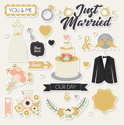 Just married stickers | Premium Vector #Freepik #vector #flower #cake #bird #dress Doodle Wedding, Vector Stickers, Wedding Wishes Quotes, Monogramm Alphabet, Doodles Stickers, Scrapbooking Retreats, Pretty Wedding Invitations, Scrapbook Printables Free, Wedding Badges