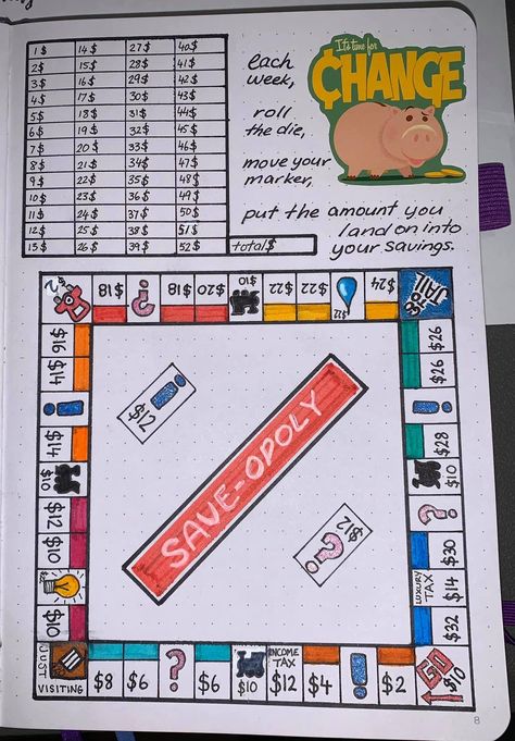 Money Bingo Savings, Save Opoly, Budget Book Diy Saving Money, Bullet Journal Ideas Saving Money, Savings Game, Budget Planner Bullet Journal, 52 Week Money Saving Challenge, Bullet Journal Budget, Saving Money Chart