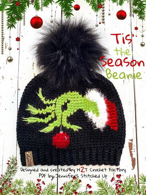 Snowflake Scarf Crochet Pattern, Halloween Beanies Crochet, Grinch Hat Crochet, Christmas Crochet Sweater Pattern Free, Crochet Grinch Hat Pattern, Crocheted Christmas Gifts, Crochet Grinch Hat, Winter Crochet Projects, Grinch Beanie