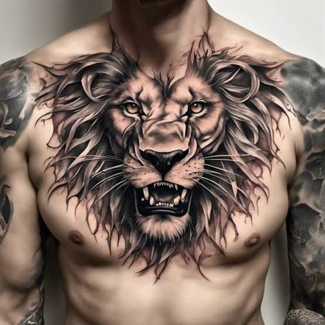 Pec Tattoo, Japanese Lion, Chest Tattoo Girl, Lion Chest Tattoo, Lion With Wings, Cactus Tattoos, Tattoo On Chest, Penguin Tattoo, Red Tattoo Ideas