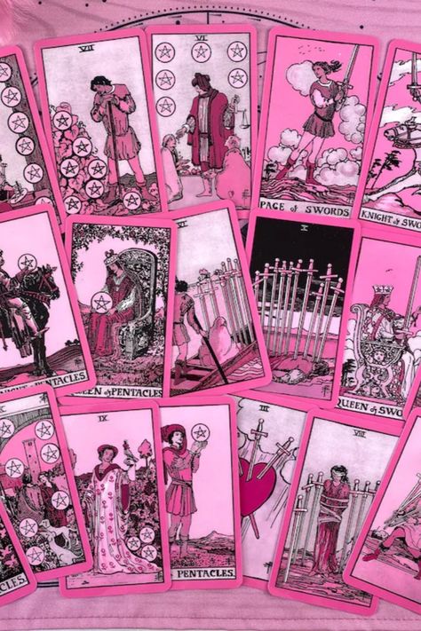 Step into the mystical world with the Pink Vintage Tarot Deck, a 78-card set made for classic fortune-telling. Crafted from premium 300GSM cardstock, this deck is perfect for witches, beginners, and seasoned tarot readers. The gift set includes a detailed guidebook, pink velvet pouch, decorative gabardine cloth, and a wooden box, making it a unique and thoughtful present. Fast production and delivery available in the USA. #VintageTarot #WitchyGifts #PinkTarotDeck #MysticalTools #TarotReading Pink Tarot Aesthetic, Pink Tarot Deck, Tarot Business, Tarot New Deck, Enchanted Tarot Deck, Unique Tarot Decks, Occult Tarot Deck, Vintage Tarot, Fortune Telling