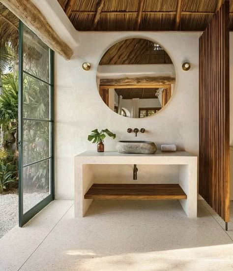 Resort Bathroom, Mexican Villa, Bali House, Toilet Design, Tropical House, 인테리어 디자인, Bathroom Inspiration, Bathroom Interior Design, Round Mirror Bathroom