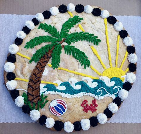 Beach scene lemon sugar cookie cake. Sugar Cookie Cake, Lemon Sugar Cookie, Giant Cookie Cake, Surf Cake, Summer Cookie, Cookie Cake Decorations, Cookie Cake Designs, Super Cookies, Beach Cookies