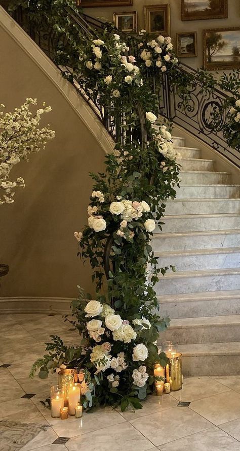 Flowers On Staircase Wedding, Flower Railing Wedding, Wedding Stairs Flowers, Stairs Floral Decor Wedding, Staircase Florals Wedding, Stairs Wedding Decoration, Stairs Flower Decoration, Venue Entrance Decor, Wedding Stairs Decoration