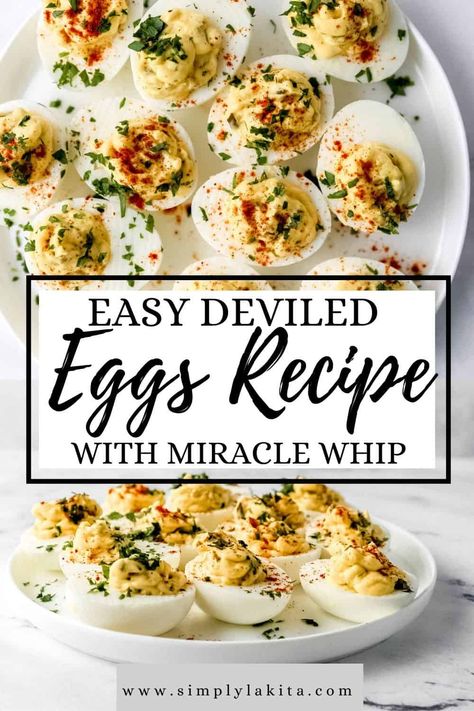 Make a batch of Easy Deviled Eggs with Miracle Whip, sweet pickle relish, mustard, salt, ground black pepper, and a sprinkle of paprika. They're creamy, flavorful, and perfect to share for special occasions, family gatherings, and holiday dinners. simplylakita.com #easydeviledeggs Deviled Eggs With Miracle Whip, Seafood Thanksgiving, Miracle Whip Recipes, Deviled Eggs With Relish, Easy Deviled Eggs, Devilled Eggs Recipe, Sweet Pickle Relish, Devil Eggs, Devilled Eggs Recipe Best