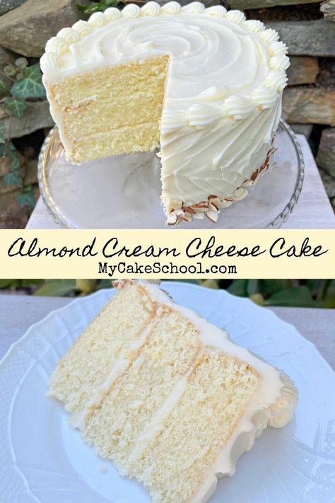 My Cake School Recipes, Cream Cheese Layer Cake, Almond Cream Cake, Almond Cream Cheese, 2 Layer Cake, My Cake School, Frosting Recipes Easy, Almond Cake Recipe, Almond Cake