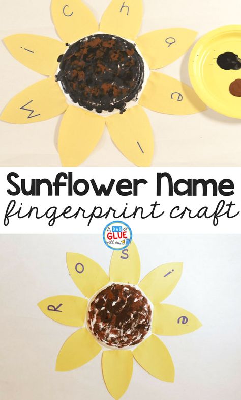 When I think of back-to-school season I usually think of apples, but my favorite August and September symbol is the sunflower. The first day of school often involves learning names too, so I thought a sunflower name and fingerprint craft would be great to along with introductions during the beginning of a new school year. Sunflower Names, Kansas Day, September Preschool, August Crafts, September Activities, September Crafts, Preschool Names, Fingerprint Crafts, Sunflower Crafts