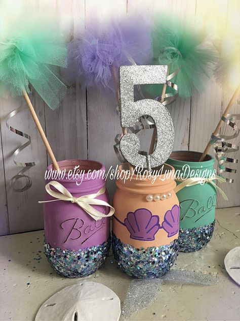 Purple and teal mermaid mason jar party set birthday party Mermaid Centerpiece, Mason Jar Party, Mermaid Birthday Party Decorations, Ariel Birthday, Sea Birthday Party, Mermaid Theme Party, Birthday Party Crafts, Mermaid Baby Showers, Mermaid Parties