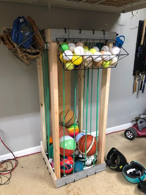 Ball Holder In Garage, Ball Garage Storage, Shed Toy Storage Ideas, Sports Ball Storage, Kids Shed, Basketball Storage, Toy Room Organization, Garage Workbench Plans, Garage Storage Inspiration