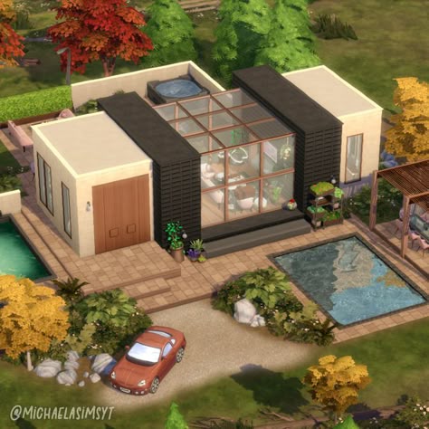 Moonwood Modern Home 🪴 A fairly small home for up to two sims with a modern cozy interior and plenty of outdoor hangout space! I went for a dark wood and purple color scheme on the inside which I also mirrored on the outside. No CC and Maxis Match the sims 4 house exterior || the sims 4 exterior || the sims 4 house || the sims 4 house ideas || sims 4 houses || sims 4 house plans #thesims4 #simshouse #simsbuild #showusyourbuilds #sims4maxismatch #sims4housebuild #simshome #dreamhouse #sims Outdoor Hangout, Modern Home Exterior, Sims 4 Modern House, Hangout Space, Sims 4 House, Die Sims 4, Sims 4 Speed Build, Minecraft Interior Design, Sims 4 House Plans