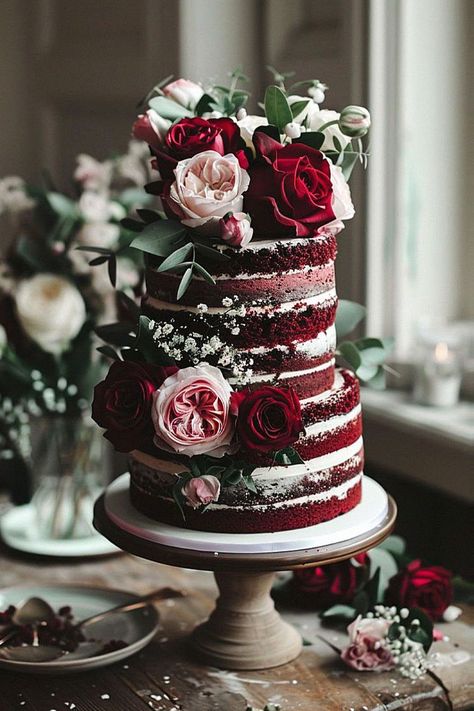 This creative cake looks perfect for any bride. As someone who loves weddings, this cake is unforgettable at your reception. Add it to your wedding inspiration. Naked Wedding Cake Ideas, Naked Cake Ideas, Fancy Treats, Red Velvet Wedding Cake, Cancun Destination Wedding, Blue Hydrangea Wedding, 50th Anniversary Cakes, Cakes With Flowers, Bridal Cake