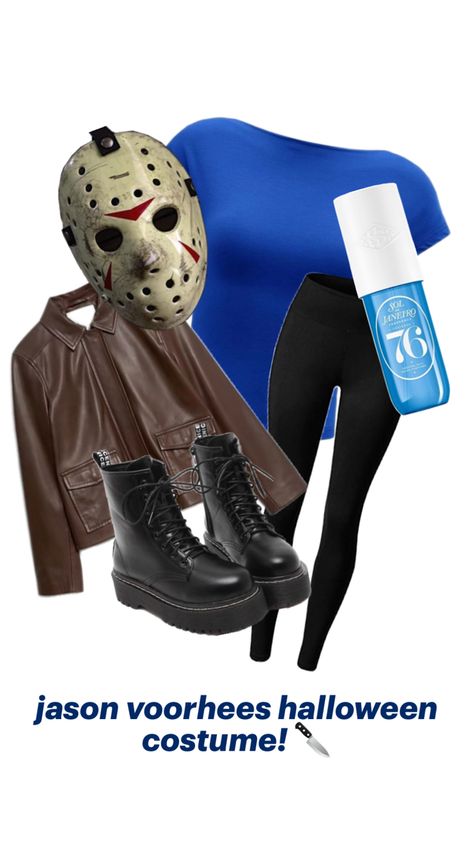 a scary jason voorhees costume from friday the 13th and everything you would need for it! 💙🤎 Jason Voorhees Halloween Costume, Jason Halloween Costume, Jason Voorhees Costume, Halloween Costumes For 3, Halloween Pins, Jason Voorhees, Cute Halloween Costumes, Friday The 13th, Cute Halloween