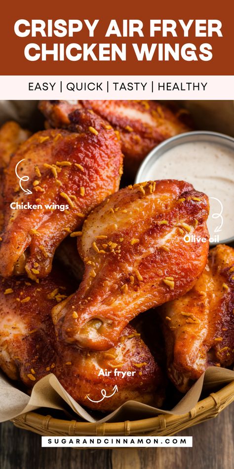 Get crispy, golden chicken wings in the air fryer with this easy recipe! 🍗💨 No deep frying, just delicious wings with the perfect crunch. Ideal for a quick meal or entertaining guests. Don’t forget to save this pin for your go-to chicken wing recipe! 📌✨ Chicken Wings Air Fried, How Long To Cook Wings In Air Fryer, Crispy Fried Chicken Wings In Air Fryer, Crispy Baked Chicken Wings Air Fryer, Air Frying Chicken Wings, Air Fry Chicken Wings Crispy, Airfryer Wings Chicken, Air Fry Chicken Wings Crispy Recipe, Air Fry Chicken Wings Recipe