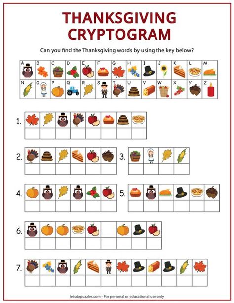 Thanksgiving Cryptogram Printable Puzzle for Kids Thanksgiving Activities For Kids Games, Thanksgiving Kids Games, Thanksgiving Puzzles Free Printable, Thanksgiving Escape Room For Kids Free, Thanksgiving Worksheets For Kids, Thanksgiving Puzzles, Thanksgiving English Activities, Thanksgiving Cryptogram, Halloween Cryptogram For Kids