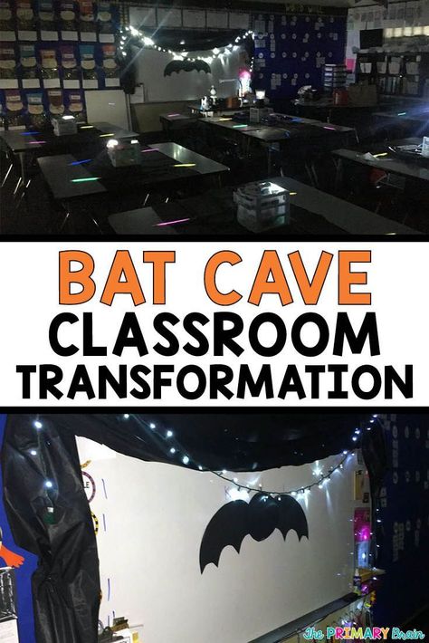 Bat Cave Classroom Transformation - Easy and Inexpensive to pull off! Read about how I transformed my classroom on my blog theprimarybrain.com #bats #halloween #classroom #classroomtransformation Cave Classroom, Crazy School Day, Bats Unit, October Classroom, October School, Colorful Classroom, Miss Kindergarten, Halloween Kindergarten, October Activities