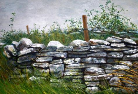 Stone Wall painting - Lauri Fileding Stone Wall Painting, Watercolour Rocks, Stone Walls Garden, Woodland Landscape, Stone Fence, Acrylic Portrait Painting, Acrylic Painting Inspiration, Picture Gallery Wall, Stone Wall Art