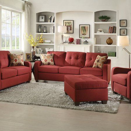 Acme Cleavon II Sofa with 2 Pillows in Red Linen Upholstery, Gray Red Living Room Set, Red Couches, Red Sofa Living Room, Red Couch Living Room, Tan Furniture, Red Accent Chair, Red Living Room, Furnitur Ruang Keluarga, Red Furniture