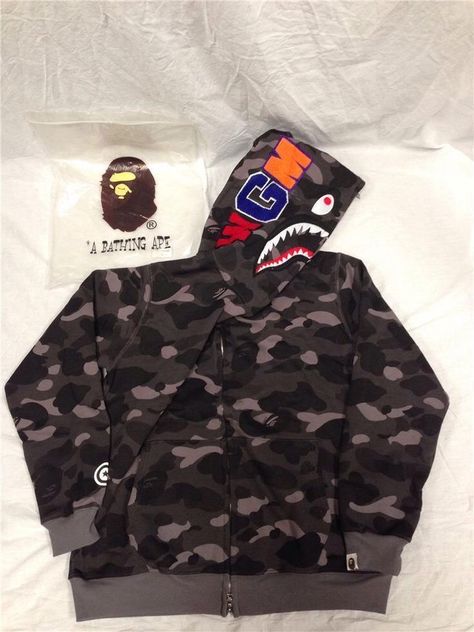 Black Bape Hoodie, Bape Shark Hoodie, Bape Outfits, Bday Outfits, Fire Clothes, Bape Shark, Bape Hoodie, Ape Bape, Shark Hoodie