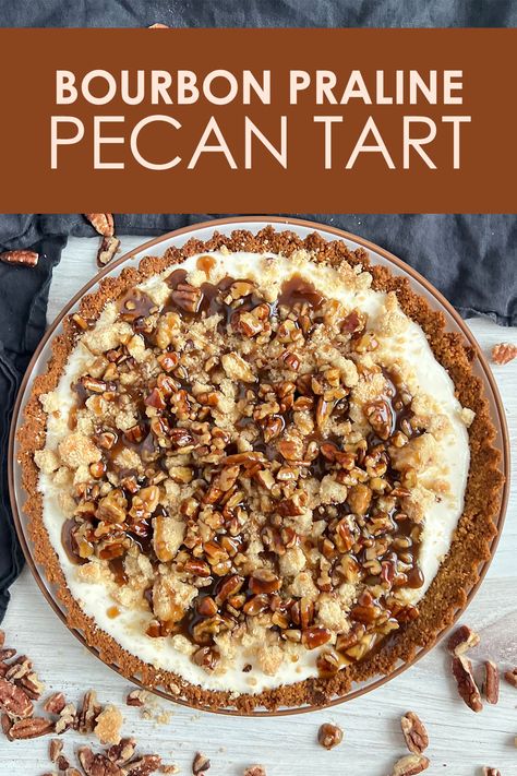 A Bourbon Praline Pecan Tart in a serving dish Praline Pecan Pie, Bourbon Cheesecake Recipes, Moonshine Cake, 2023 Desserts, Whiskey Desserts, Bourbon Cheesecake, Booze Recipes, Bourbon Dessert, Praline Pie