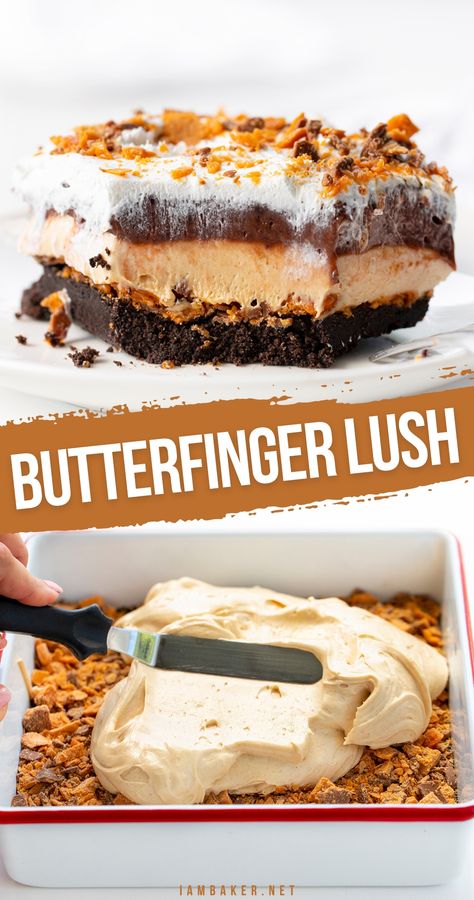 A piece of butterfinger lush with a bite cut out so you can se the layers in the dessert, and a baking dish with the cream cheese layer being spread out with an offset spatula. Butterfinger Fluff Dessert, Butterfinger Fluff, Butterfinger Torte, Pudding Torte Recipes, Butterfinger Pudding Dessert, Lush Cakes Dessert Recipes, Easy Butterfinger Desserts, Butterfinger Dip, Gram Cracker Desserts