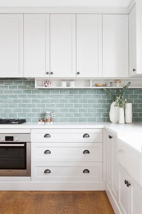 Kitchen Ideas Blue Tiles, Shaker Kitchen Splashback Ideas, Mint Green Tiles Kitchen, Sage Green Splashback Kitchen, White Kitchen Green Splashback, White Kitchen Blue Tiles, Sage Kitchen Backsplash, Oven Splashback Ideas, Kitchen Tiles Color