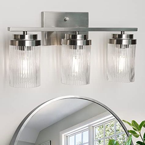 3 Light Bathroom Vanity Light, Brushed Nickel Bathroom Lighting, Silver Light Fixture, Chrome Bathroom Lighting, Lights For Bathroom, Bathroom Lights Over Mirror, Corridor Entrance, Bathroom Corridor, Bedside Reading Light