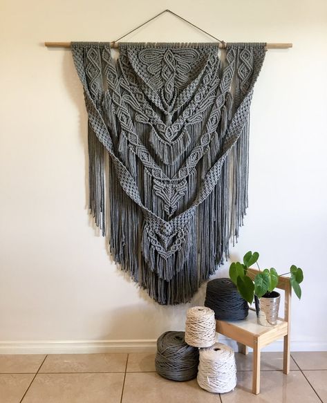 Hang Me U.P. — "Grey Mist" Custom made Macrame Wall Hanging Macrame Wall Hanging Ideas, Diy Macrame Wall Hanging, Art Macramé, Macrame Wall Hanger, Knot Pattern, Macrame Supplies, Macrame Wall Hanging Diy, Macrame Wall Hanging Patterns, Macrame Curtain