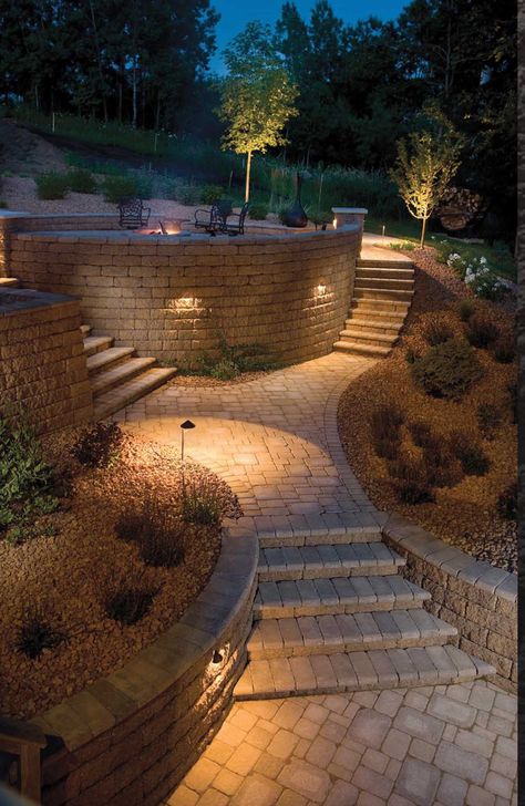 Garden Hillside, Retaining Wall Lighting, Backyard Retaining Walls, Sloped Backyard Landscaping, Landscaping On A Hill, Hillside Garden, Outdoor Walkway, Sloped Backyard, Landscaping Retaining Walls