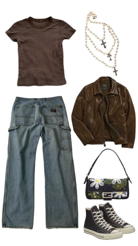 Summer Outfit Collage, Kat Stratford Outfit, Outfit Leather Jacket, Leather Jacket Brown, Grunge Outfit, Downtown Outfits, Carpenter Pants, Swaggy Outfits, Y2k Grunge