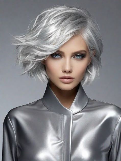 Silvery White Hair, Silver Pearl Hair Color, Icy Silver Blue Hair, Platinum Silver Hair Highlights, Modern Grey Hair, Icy Hair Color, New Year Hair Color, Chrome Hair Color, Gray Silver Hair Color