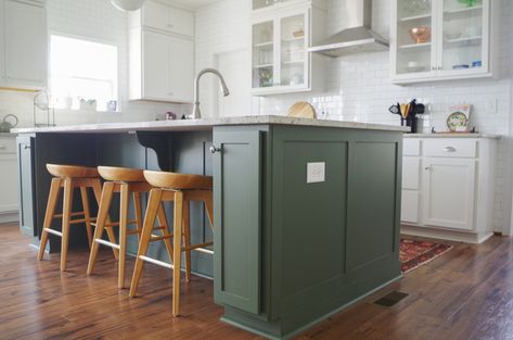 Kitchen Island Reveal – Basic Blue House Sherwin Williams Green Gray, Best Sherwin Williams Green, Sw Rosemary, Green Gray Paint Colors, Sherwin Williams Rosemary, Green Gray Paint, Charleston Kitchen, White Subway Tile Kitchen, Dark Green Paint