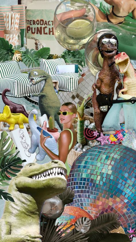 Dinosaur Party #dinosaurparty #dinosaurbachelorette #bachelorettethemes #dinosauraesthetic #swimpartytheme #swimparty #summerevent Themed Pool Party, Jurassic Park Theme, Tropical Bar, Stuffed Dinosaur, Friends Collage, Swim Party, 21st Party, Emerald Green Weddings, Bachelorette Themes