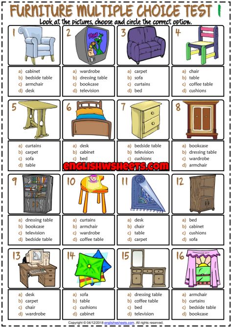 Furniture ESL Printable Multiple Choice Tests For Kids Tests For Kids, Printable Furniture, Vocabulary Games For Kids, Word Search Puzzles Printables, Teach English To Kids, Test For Kids, Multiple Choice Test, English Grammar For Kids, Grammar For Kids