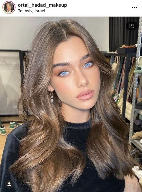 Carmel Hair Colour, Suede Light Brown Hair, Brown Balayage For Fair Skin, Chestnut Brown Hair Blue Eyes, Golden Brown Hair Blue Eyes, Honey Brown Hair Blue Eyes, Light Brown Glaze Hair, Brown Hair Inspo Color For Pale Skin, Brunette Blue Eyes Makeup