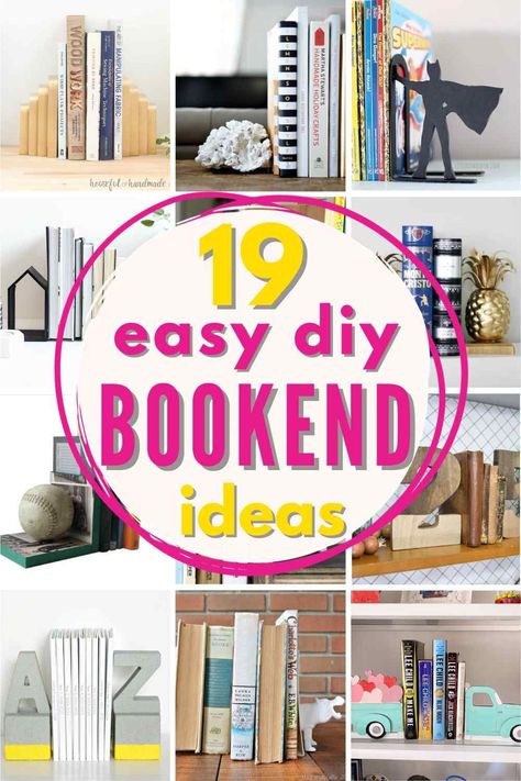 19 Easy DIY bookend ideas! Organize your books beautifully with these great bookends, perfect for the bibliophile in your family! #bibliophile #bookaddict #bookworm #DIY #bookends #DIYideas #reader #doityourself #diyproject #bookgeek #diys #booklover #bookendideas Bookend Ideas, Diy Bookends, Wood Bookends, Decorative Bookends, Budget Decorating, Upcycle Books, Ways To Organize, Cool Art Projects, Budget Friendly Decor