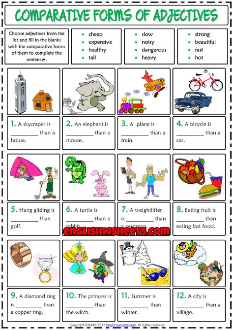 Comparative Adjectives Worksheet, Adjectives For Kids, Adjectives Esl, Comparatives And Superlatives, Comparative And Superlative, Adjectives Activities, Writing Mini Lessons, Test For Kids, Esl Grammar