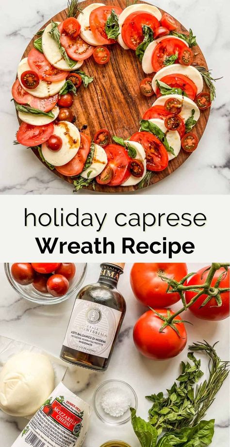 This beautiful Christmas caprese wreath is a delicious addition to your holiday table! Perfect for festive events, holiday meals, and parties! Caprese Christmas Wreath, Christmas Tree Caprese, Christmas Caprese, Caprese Wreath, Healthy Christmas Recipes, Christmas Tea Party, Holiday Party Foods, Healthy Christmas, Holiday Meals