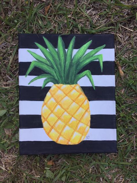 Pineapple Canvas Painting, Pinapple Painting Canvases, Pineapple Painting Ideas, Easy Pineapple Painting, Pineapple Painting Acrylics, Summer Glassware, Beachy Paintings, Painted Pineapple, Pineapple Painting