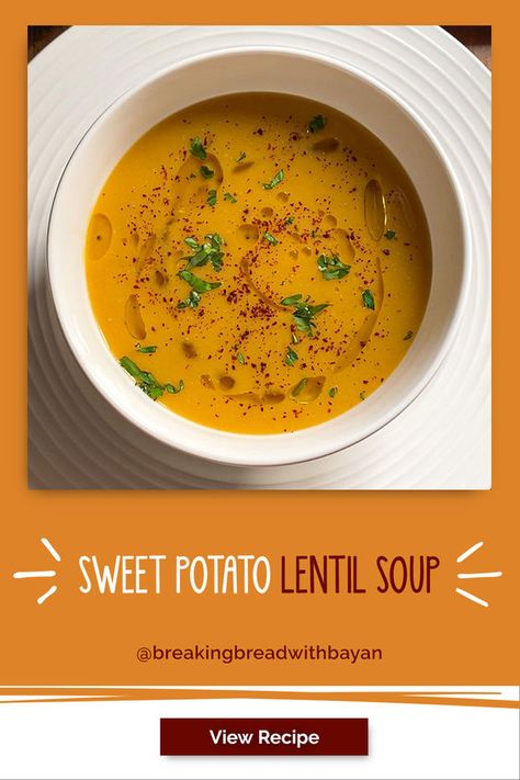 Sweet Potato Lentil Soup is your cozy companion for chilly evenings. Don't miss this recipe, courtesy of @breakingbreadwithbayan. Sweet Potato And Lentil Soup, Potato Oven Recipes, Potato Fries Air Fryer, Sweet Potato Fries Air Fryer, Fried Sweet Potato Fries, Baked Sweet Potato Oven, Potato Lentil Soup, Potato Oven, Sweet Potato Snacks