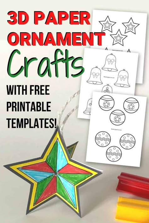 These easy homemade Christmas ornaments are so adorable, and you only need a few supplies to make them! Let your kids make these cute 3D paper Christmas ornaments to hang on the tree, or to give as a sweet gift to their teachers. Grab the free printable Christmas ornament templates to make these easy kids Christmas crafts now! 3d Paper Christmas Ornaments, Art Projects Christmas, First Grade Christmas, Cool Christmas Nails, Easy Kids Christmas, Paper Ornaments Diy, Printable Christmas Ornaments, Printable Christmas Decorations, Christmas Kids Crafts