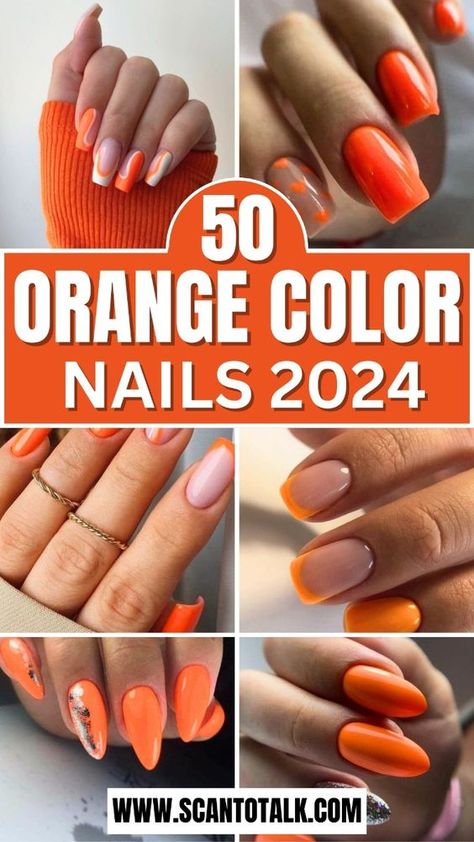 Discover 50 stunning orange nail designs that will add a vibrant touch to your style. From bold neon shades to soft pastels, these nail art ideas are perfect for any season and occasion. Whether you prefer intricate patterns, simple elegance, or a pop of color, you'll find the perfect orange manicure to express your personality. Explore these creative and trendy designs to elevate your nail game and make a statement with your next manicure. Get inspired and transform your look! Design On Orange Nails, Beach Orange Nails, Orange Nail Polish Designs, Bright Almond Nails Designs, Orange Powder Nails, Vibrant Nail Ideas, Orange With Chrome Nails, Orange Nail Aesthetic, Orange Nail Color Ideas