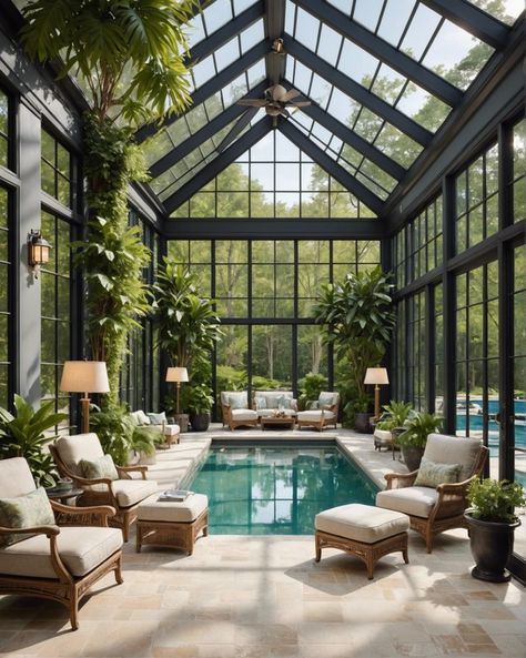 20 Amazing Pool House Cabana Ideas For Your Backyard Pool – ToolzView Beautiful Indoor Pool, Pool With Glass Enclosure, Pool In Glass House, Indoor Pool Decorating Ideas, Swimming Pool Greenhouse, Conservatory With Pool, Green House With Pool, Pool Courtyard Ideas, Country House With Pool