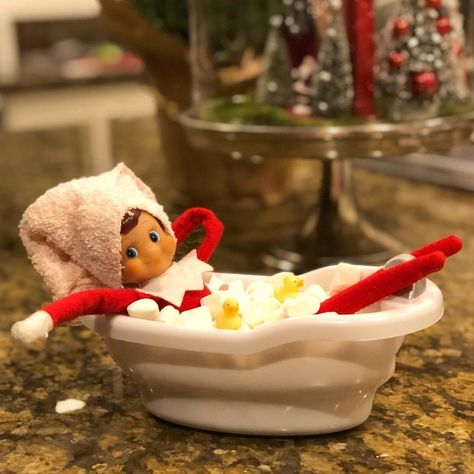 Elf on the shelf.  Marshmallow bubble bath. Elf On The Shelf Marshmallow, Elf On Shelf Notes, Shelf Tree, Christmas Extravaganza, Elf Printables, Miniature Sign, Elf On A Shelf, Awesome Elf On The Shelf Ideas, Elf Movie