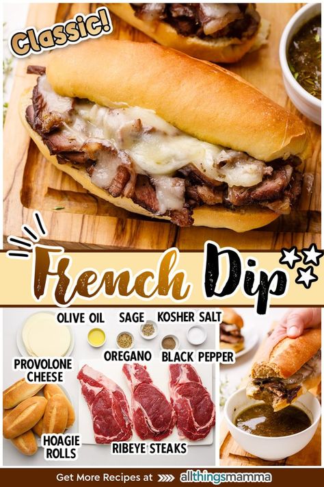 French Dip Sandwich served on a wooden board. ingredients to make French Dip Sandwich. French Dip Sandwich dipped in a bowl of jus. Ribeye Sandwich Recipe, Steak Sandwich Recipes, Sandwhich Recipes, Tender Meat, Classic Sandwich, Easy Steak, French Dip Sandwich, Italian Spices, French Dip