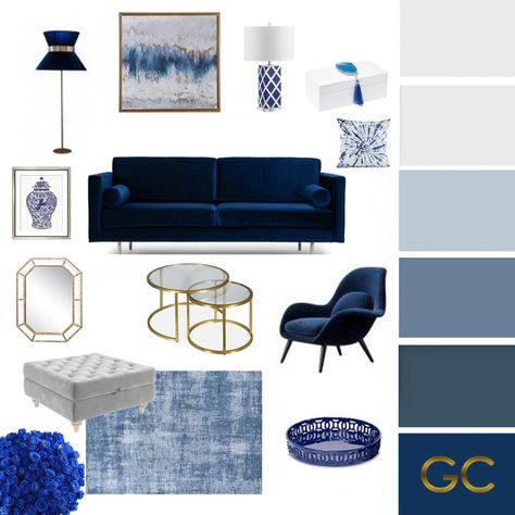 Navy Blue Grey White Living Room, Navy Blue White And Grey Office, Art Deco Living Room Blue Sofa, Grey Navy And Gold Living Room, Navy Gray And White Living Room, Living Room Contemporary Luxury, Blue And White And Gold Living Room, Navy Gold Grey Living Room, Gold Blue Living Room Decor